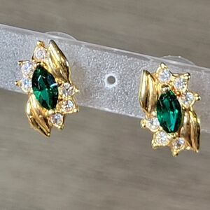 Vintage Signed Roman Gold Tone Earrings with Emerald Green and Icy Rhinestones
